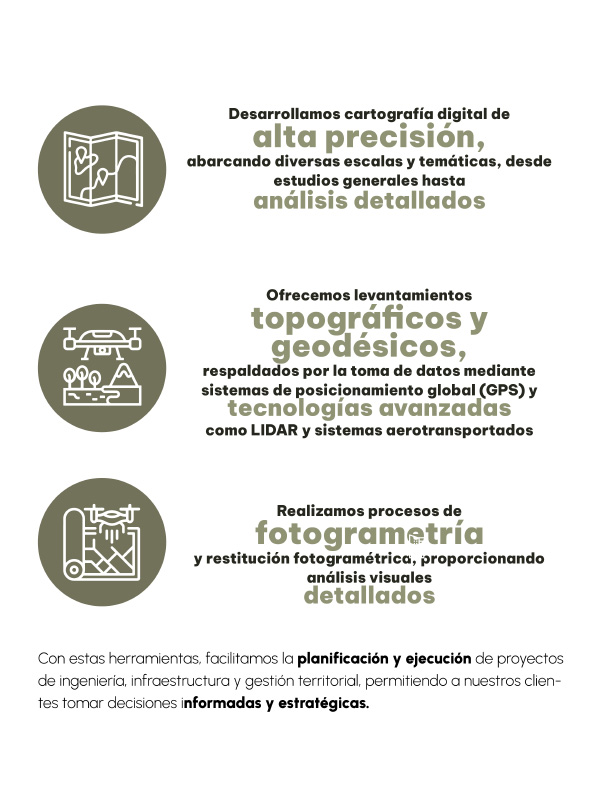 Desarrollamos cartografía digital de alta precisión, abarcando diversas escalas y temáticas, desde estudios generales hasta análisis detallados.

Ofrecemos levantamientos topográﬁcos y geodésicos, respaldados por la toma de datos mediante sistemas de posicionamiento global (GPS) y tecnologías avanzadas como LIDAR y sistemas aerotransportados. También realizamos procesos de fotogrametría y restitución fotogramétrica, proporcionando análisis visuales detallados.

Con estas herramientas, facilitamos la planiﬁcación y ejecución de proyectos de ingeniería, infraestructura y gestión territorial, permitiendo a nuestros clientes tomar decisiones informadas y estratégicas.